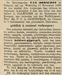 <p>In Oudestraat 102 vestigden zich in de tweede helft van de 19e eeuw opeenvolgende bakkers, waaronder J. Dalhuisen. Wegens faillissement werd zijn volledige inboedel in 1886 bij veiling verkocht (https://www.delpher.nl/nl/kranten/). </p>
